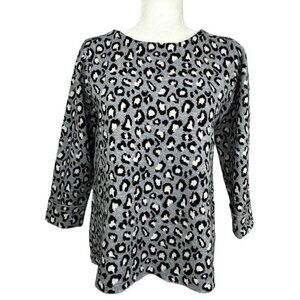 Tahari‎ Womens Grey Leopard Print Boat Neck 3/4 Sleeve Knit Sweater Size Medium